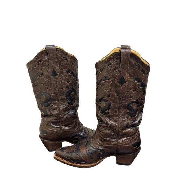 Corral Western Leather Boots Brown Black Overlay Size 8 - Picture 6 of 10
